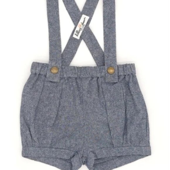 Chambray Blue Linen Suspender Shorts - Picture 2 of 10